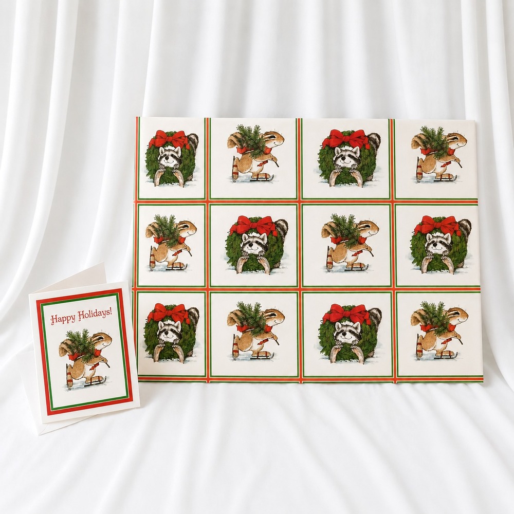 Current Critters Vintage Gift Wrapping Paper 80s Christmas Holiday Animals Skate